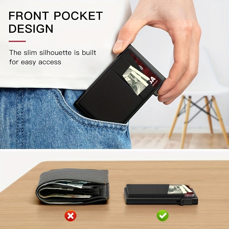 Slim Wallet for Men - Automatic Pop Up Credit Card Holder Minimalist RFID Blocking for Notes and Coins and Debit Cards Box Metal Purse Cardholder Case
