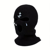 Foxeve Knitted Ski Mask Embroidered  Mask Winter Balaclava 3 Hole Knitted Ski Neck Warmer Warm Knitted Hat