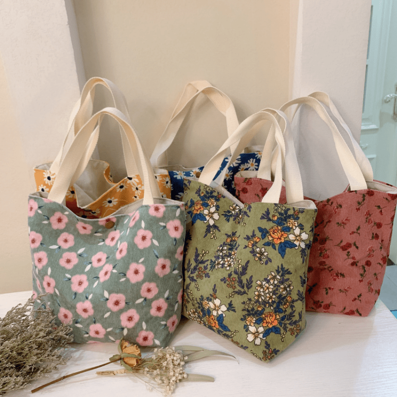 2024 New Women Corduroy Handbag Floral Pattern Portable Lunch Bag For Student Outdoor Snap Button Satchel Purse Valentines Day Gift for Mom