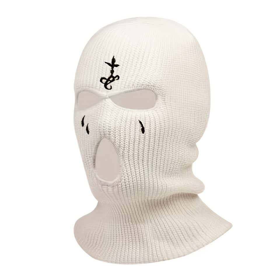 Foxeve Knitted Ski Mask Embroidered  Mask Winter Balaclava 3 Hole Knitted Ski Neck Warmer Warm Knitted Hat